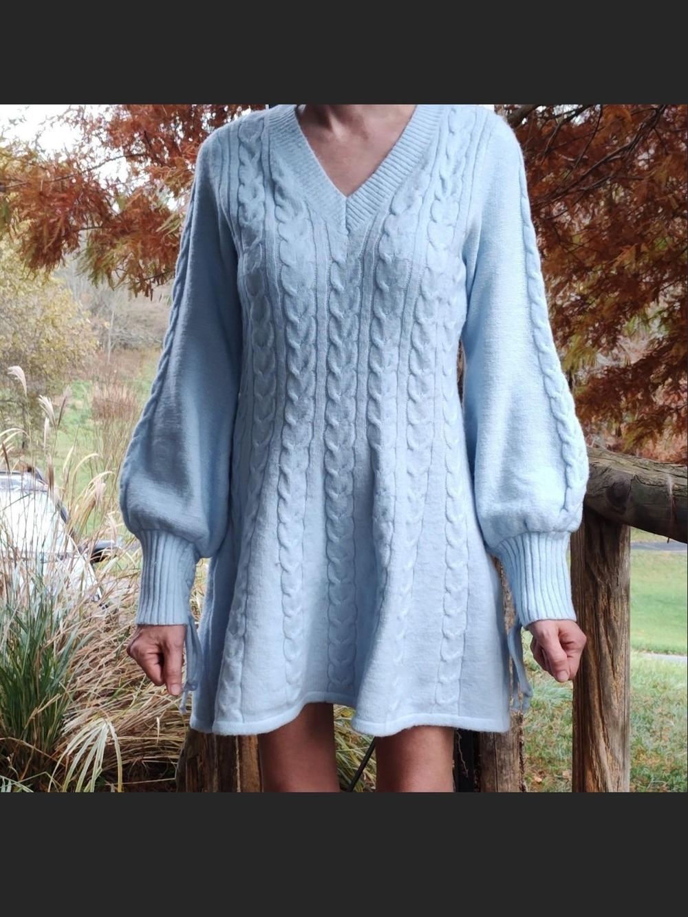 Light Blue Cable Knit V-Neck Long Sleeve Sweater Dress